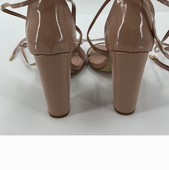 Charles Albert Faux Patent Leather High Block Heel Wrap Nude Tan Heels Strappy 8 - Picture 4 of 8